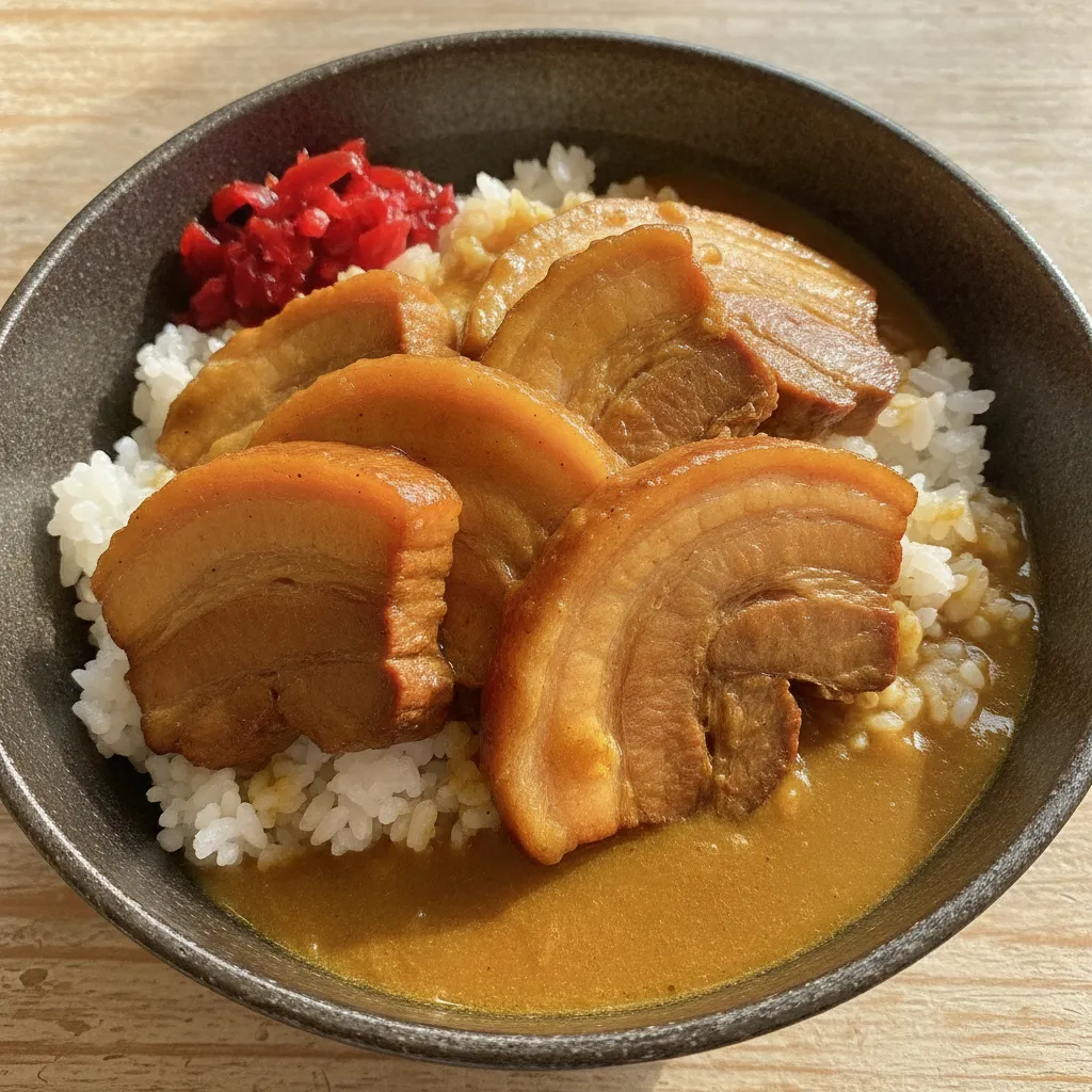 上上豚カレー — 厚切りの煮込み豚がのった一杯